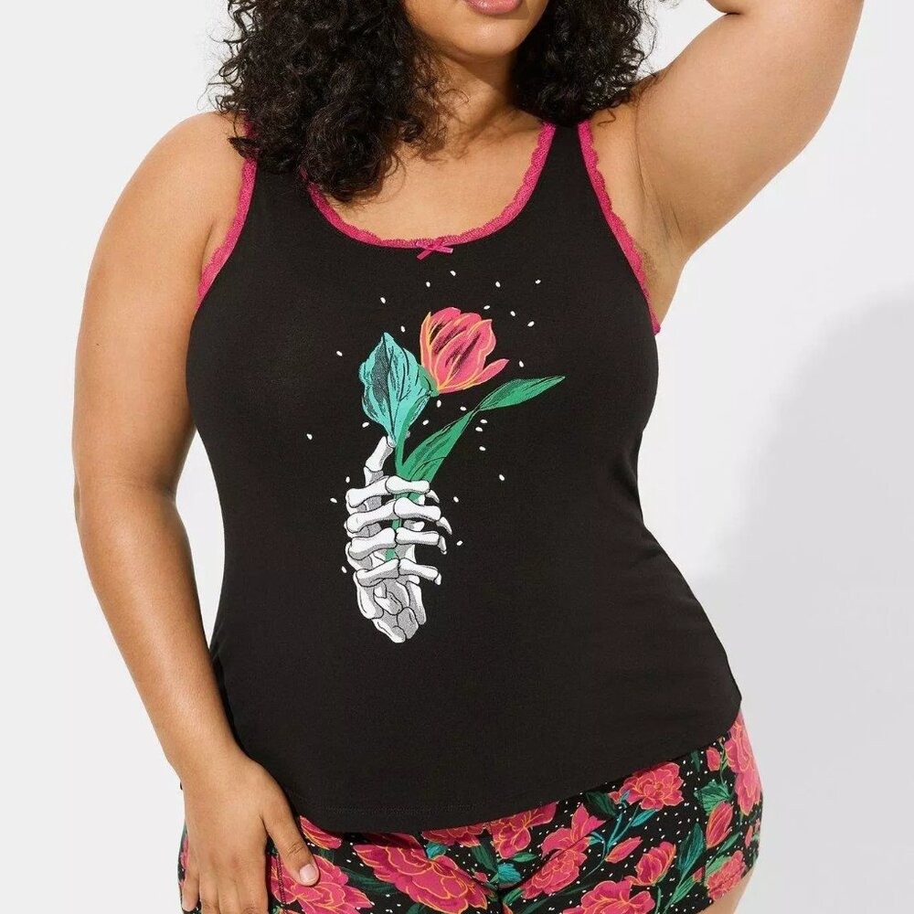 ❤️NWT TORRID SKELETON ROSE PRINT - FOXY LACE TRIM SLEEP TANK - PLUS SIZE